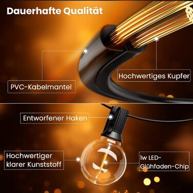 Гірлянда світлова зовнішня диммирувана 60м, G40 LED, 104 пластикові лампочки, вологостійка IP45, для саду, тераси, дерев, вечірок, 2700K тепле біле світло (2x30м), з пультом керування