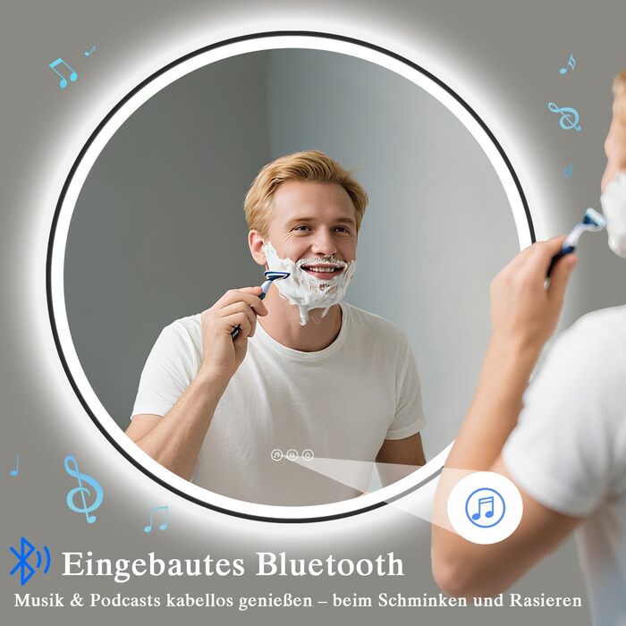 Дзеркало для ванної кімнати з підсвічуванням LED, кругле, 50 см, сенсорне керування, регулювання яскравості, функція пам'яті, захисне скло HD, захист від вибуху, Bluetooth, антизапар, металевий каркас, 60x60 см