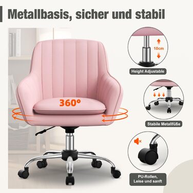 Крісло для робочого столу Daccormax, крісло для туалетного столика, обертове крісло до 150 кг, офісне крісло з регулюванням висоти, крісло для дому з м'якою оксамитовою оббивкою, комфортне для робочого кабінету, спальні, офісу, рожеве/рожеве