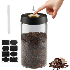 Герметичний контейнер для кави на 1,2 л зі скла, вакуумний, з чорною кришкою та золотою кнопкою. Підходить для кави, чаю, горіхів.