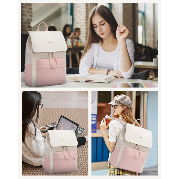 LOVEVOOK Рюкзак для жінок, легкий шкільний рюкзак для підлітків з відділенням для ноутбука 15.6 дюймів, жіночий рюкзак для навчання, подорожей, роботи (M-15.6 дюймів, Рожевий + Бежевий)