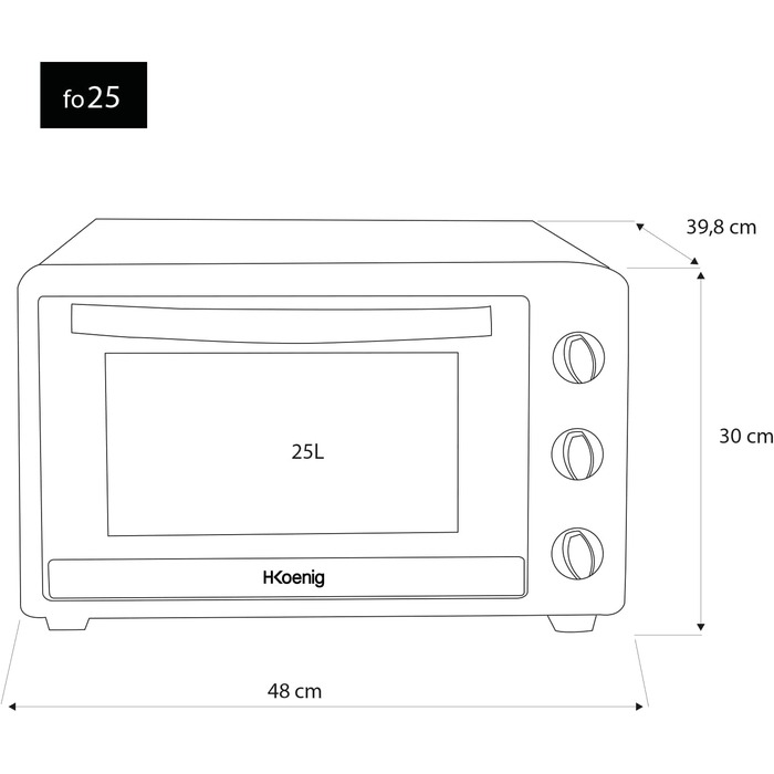 Електрична піч H.Koenig Mini Four 25L: компактна, багатофункціональна, 1500W, 4 режими, таймер, склодвері, решітка-гриль