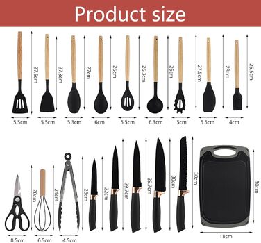 Набір кухонних ножів 19 предметів з підставкою, силіконовий кухонний інвентар, чорний колір