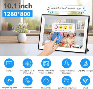 Цифрова фоторамка Frameo 10.1 дюймів WLAN, Full HD IPS сенсорний екран 1280x800, 32GB пам'ять, автоматичний поворот, можливість монтажу на стіну, керування через додаток Frameo (Чорна з білою рамкою)