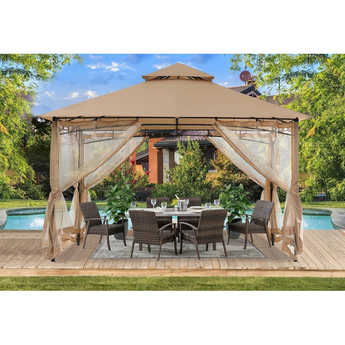 ABCCANOPY Павільйон садовий 2.4x2.4 м з двосхилим м'яким дахом для тераси, саду, двору. Захист від сонця та дощу (з сіткою, бежевий)