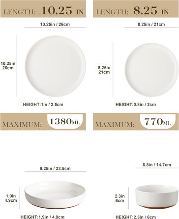 MALACASA Сервіз на 6 осіб (24 предмети) з реактивної глазурі, кераміка, білий з коричневим, для дому та ресторану