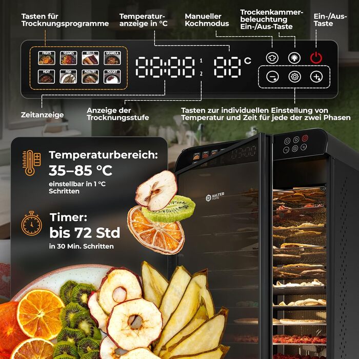 Електрична сушарка для фруктів та овочів Balter з нержавіючої сталі, 12 ярусів, 1100 Вт, 70 л об'єм, 12000 см² поверхня сушіння, BPA-free, 35–75 °C, таймер до 72 год