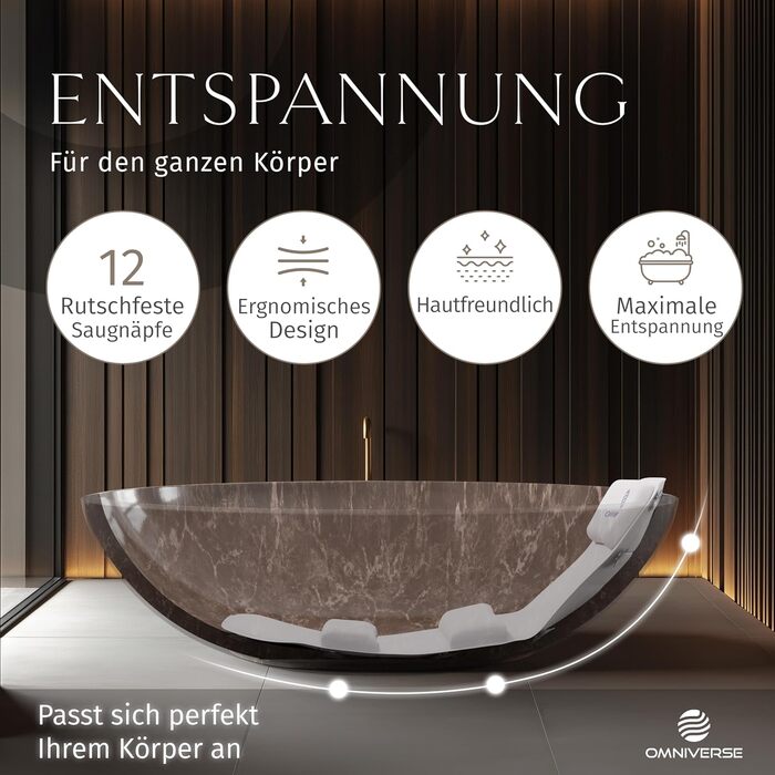 Подушка для ванни Omniverse Ganzkörper 125×40 см, для зросту 160–180 см, для гладких поверхонь, швидковисихаюча, для чутливої шкіри, біла