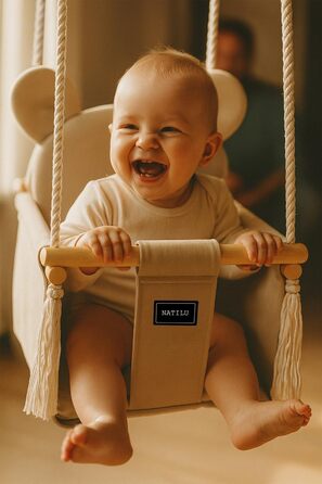 Дитяча гойдалка для дому та вулиці | Bär Light Beige Velvet | Гойдалка для малюків | Дерев'яна гойдалка для дітей | Гойдалка для дверного отвору