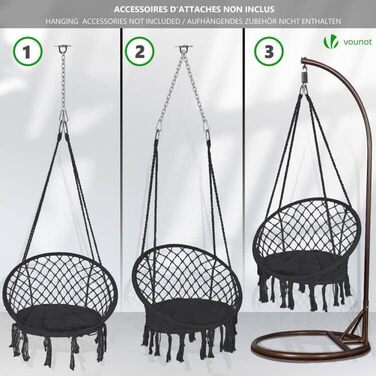 Підвісне крісло-гойдалка VOUNOT з полицею для книг та подушкою, Ø 80 см, чорний колір, для дому та саду