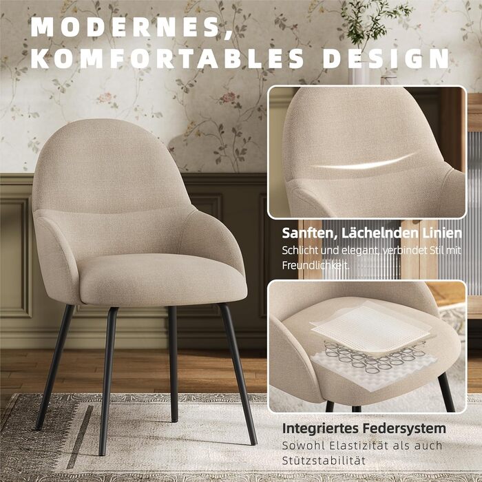 6 стільців для їдальні з підлокітниками – ергономічні оббиті стільці, сучасні кухонні стільці з льоновим покриттям та металевими ніжками, для вітальні, їдальні, кухні, бежевий колір, комплект 6 шт.