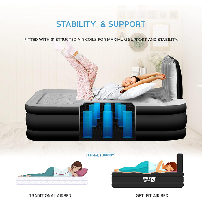 Надувне ліжко Get Fit з вбудованим електричним насосом - 99x196 см Premium Single Air Bed - Надувне ліжко з узголів'ям і безкоштовною надувною подушкою - Підняте надувне для кемпінгу односпальне - 99x196 см Чорний/Сірий