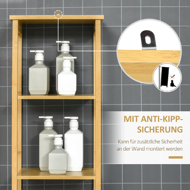 Шафа Kleankin Badschrank Bambus, 34 x 30 x 173 см, з 3 відкритими полицями та 1 шафкою, захист від перекидання, отвір для ручки, вільного стояння, для маленьких приміщень, натуральний колір | Aosom
