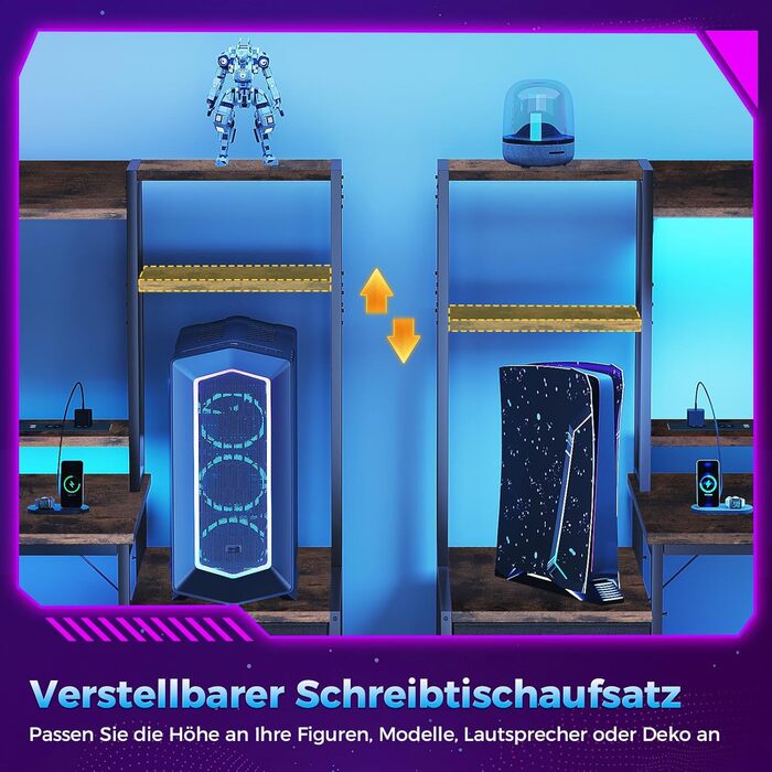 Ігровий стіл Coleshome з полицями та ящиками, 137x48 см. Стіл для геймінгу з LED-підсвічуванням та розеткою, комп'ютерний стіл з місцями для зберігання та підставкою для монітора (Коричневий)