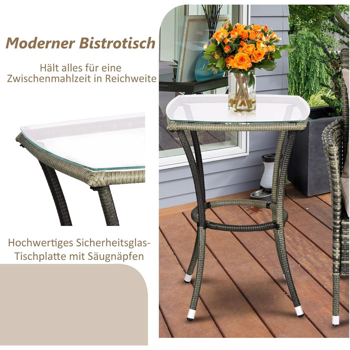 Набір садових меблів GIANTEX для балкона: стіл та 2 стільці з ротангу, комплект на 2 особи, з подушками (бежевий)