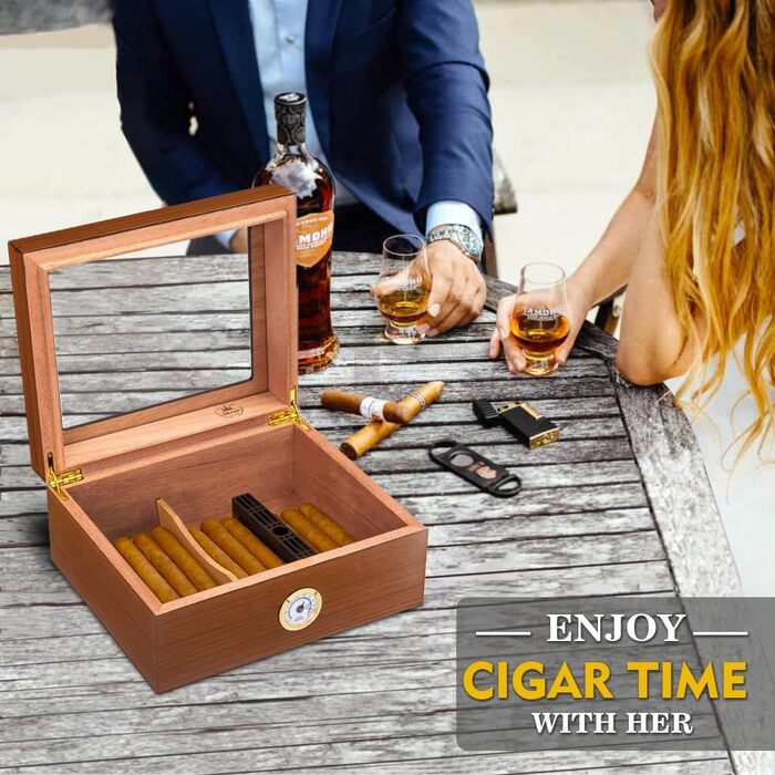 Вологозбережувач для сигар Slege, дерев'яний бокс з іспанської кедру, гігрометр, роздільники, аксесуари для сигар (30-50 сигар) (колір: коричневий)