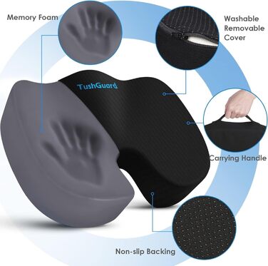 Подушка для офісного крісла TushGuard, Memory Foam, чорна, X-Large - для спини, куприка, ішіасу, куприка, полегшення болю