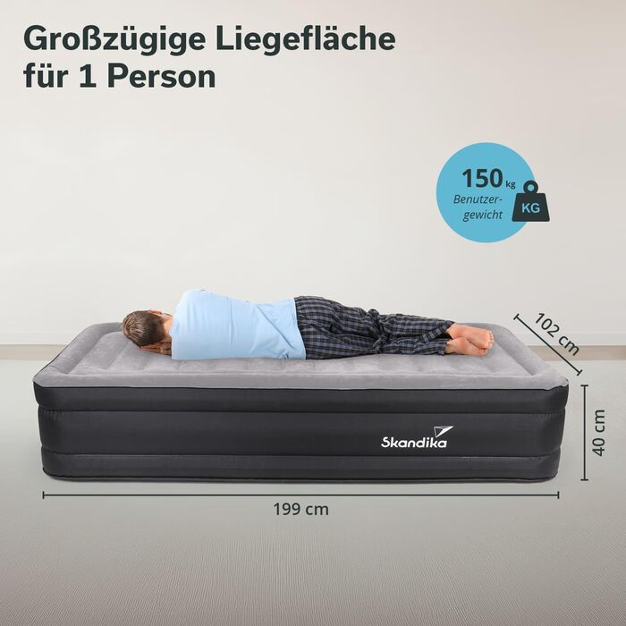 Надувна матрац Skandika Sveja Flex | Самостійно надувний матрац для кемпінгу, 204x151x43 см, 300 кг, з USB-помпою