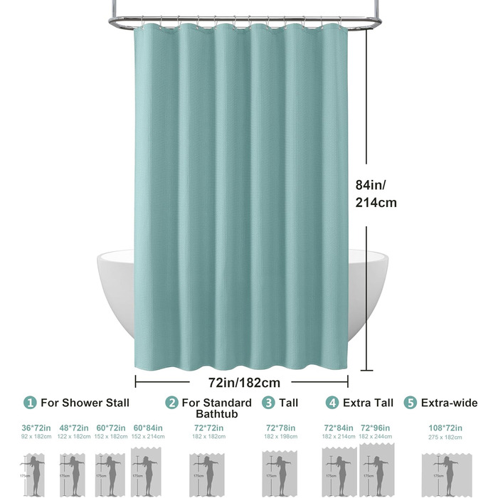 Шторка для душу з льону з металевими кільцями, тканинна, текстильна, для ванни, антигрибкова, водонепроникна, важка, для ванної кімнати, 182 x 182 см (Морська синя) (Вафля - Турквіс, H214 x B182 см (1 шт))