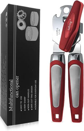 Ручний відкривач консерв з нержавіючої сталі з комфортною ручкою та універсальним відкривачем пляшок (червоний)