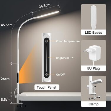 Настільна лампа, з можливістю затемнення, поворотний кронштейн, пульт дистанційного керування, 4 колірні температури, білий