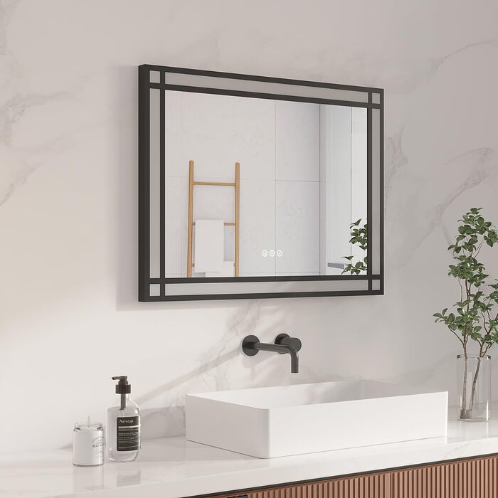 Дзеркало для ванної кімнати AQUABATOS LED з підсвічуванням 50x70 см, імітація вікна, сенсорне регулювання, регулювання яскравості, холодний білий, протизапотівання, чорний алюмінієвий каркас, декор у індустріальному стилі