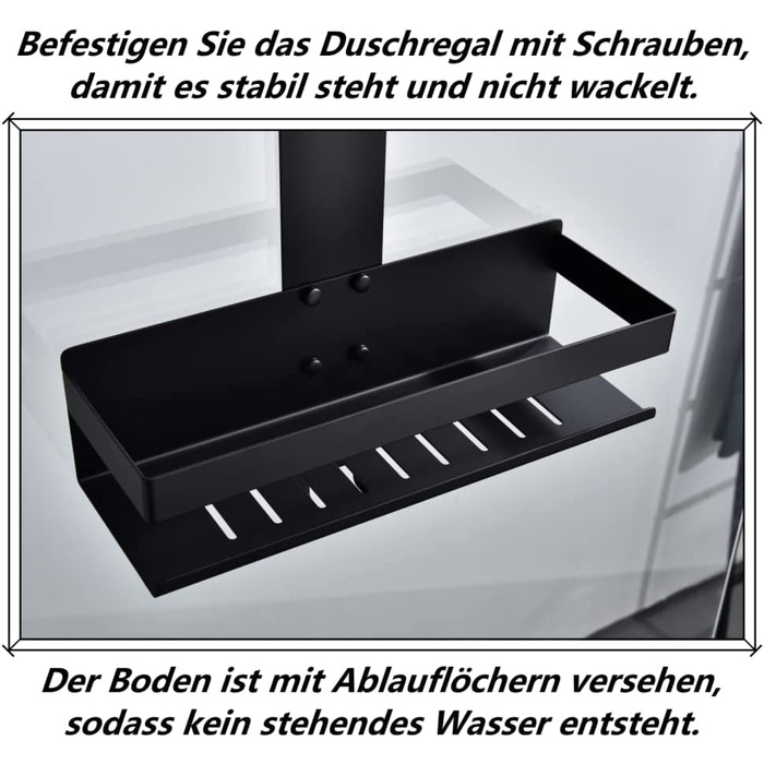 Настінна полиця для душу з 2 ящиками, SUS304 нержавіюча сталь, матовий чорний, з гачками, для скляних душових кабін