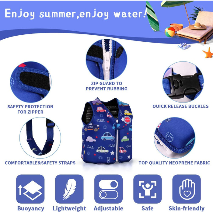 Дитяча плавальна куртка, плавки для малюків, плавальний купальник з регульованим верхом для дітей унісекс (автомобіль небесно-блакитний, 1520 кг (Рекомендований вік 2-3 роки))