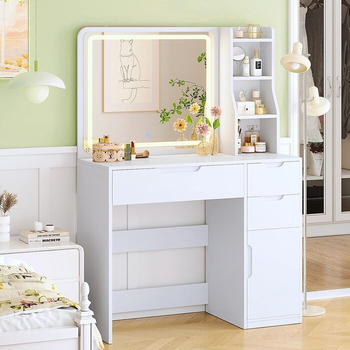 Білий туалетний столик для макіяжу з LED-підсвічуванням та дзеркалом | 3 ящики, 3 полиці, шафка | Столик для макіяжу для спальні