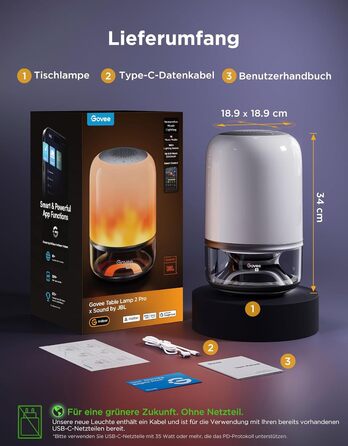 Govee LED лампа з колонкою JBL, Matter-сумісна, акумуляторна, 16 музичних режимів та 100+ сцен