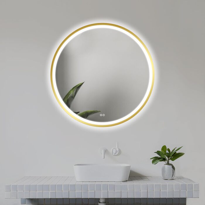 Дзеркало для ванної кімнати Home Glow LED кругле 80 см з підсвічуванням, антизапарюванням, сенсорним вимикачем та металевим каркасом, золото