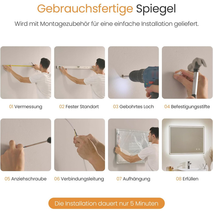 Дзеркало для ванної кімнати EMKE з підсвічуванням 50x60 см, антизапарник, холодний білий, диммер, сенсорне управління, функція пам'яті, автоматичне вимкнення через 3 години, IP44, енергозберігаюче, 60L x 50B см