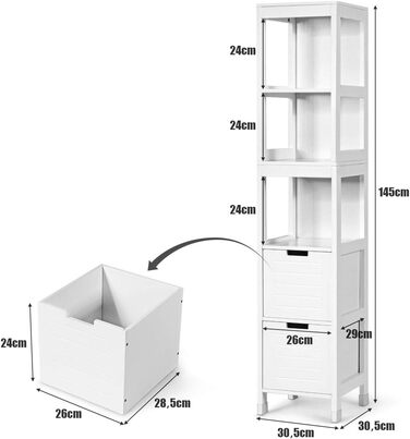 Пенал для ванної кімнати білий, 2 ящики, 145x30.5x30.5 см, дерев'яна полиця для ванної кімнати