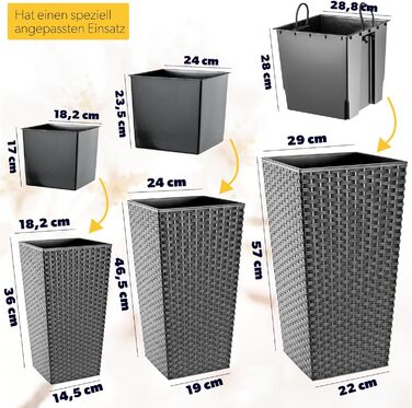 Набір горщиків для квітів KADAX 3 шт. (36/46,5/57,5 см) – пластикові, вологостійкі, для дому та саду, графіт, ротанг