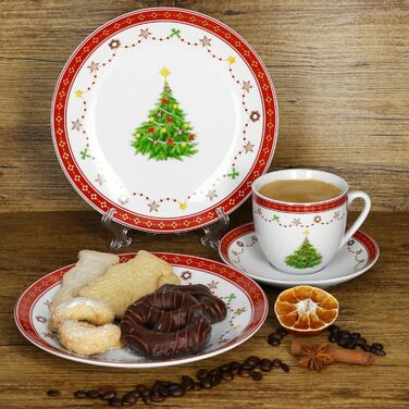 MamboCat Кавовий сервіс на 6 осіб (18 предметів) з різдвяним декором | 6 чашок 190 мл, 6 підставок, 6 тарілок | Фарфор, для святкування Різдва та Миколая