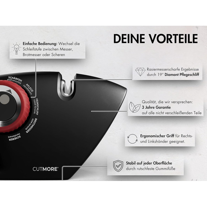 CUTMORE® Точилка для ножів Diamant - оригінальна 5-в-1 для хлібних ножів, ножиць та ножів – професійний прецизійний кут – неслизька, проста, ефективна – відома з спільноти Hobbykoch OneSharp