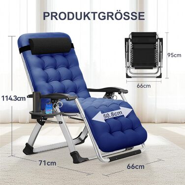 Лежак для відпочинку MOPHOTO Zero Gravity, розкладний, 200 кг, з подушкою та кишенею, для саду, балкону, тераси (Блакитний)
