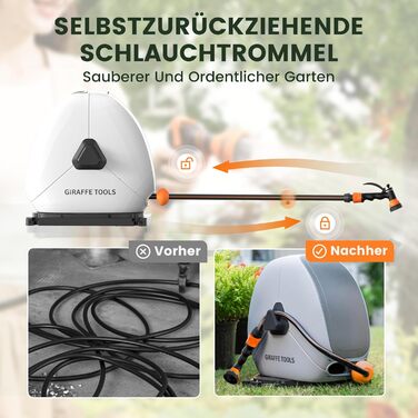 Висувна катушка для шланга Giraffe Tools 25 м, міцна, для кріплення на підлозі, з 7-функціональною насадкою та поворотним підставою 360°