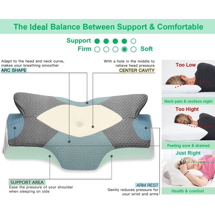 Ортопедична подушка Elviros з Memory Foam для тих, хто спить на боці, з підтримкою шиї, проти болю в шиї та плечах, 64 x 12,5/10,5 x 38 см, темно-сірий