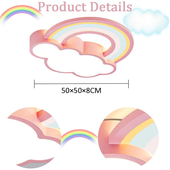 Світлодіодний стельовий світильник KZT з регулюванням яскравості з дистанційним керуванням, Clouds Rainbow Design для дитячої кімнати, рожевий