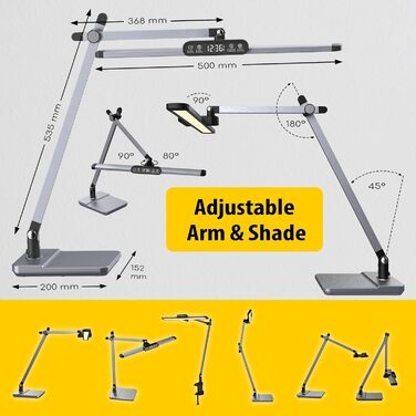Світлодіодна настільна лампа OTUS, з можливістю затемнення, з годинником, захистом для очей, затискачем і ніжкою, 3 колірні температури