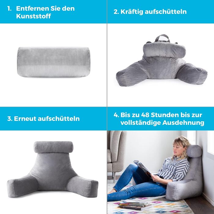 Подушка для спини Linenspa з підтримкою шиї - велика, з піною з пам'яті, для відпочинку та читання, з м'яким велюровим чохлом, сірого кольору