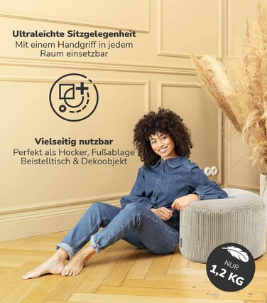 Табурет, вельветовий пуф 'Der Faule Lenz', круглий табурет для підлоги, подушка для сидіння в приміщенні, пуф, пуф для сидіння в приміщенні, м'який і м'який, з наповнювачем з пінополістиролу (30x50 см, бежевий)