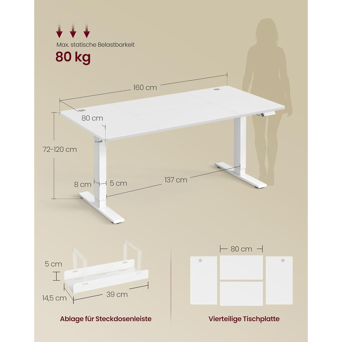 Стол для роботи VASAGLE з регулюванням висоти 160x80 см, USB-C, підставка для розеток, стоячий стіл, нагадування про перерви, 3 пам'яті, для офісу, матовий білий