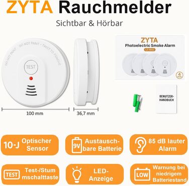 Датчики диму для дому та офісу з фотоелектричним сенсором на 10 років, оптичний детектор диму на батарейці, 2 шт. (4 шт. з батарейкою, 1902-4PCS)