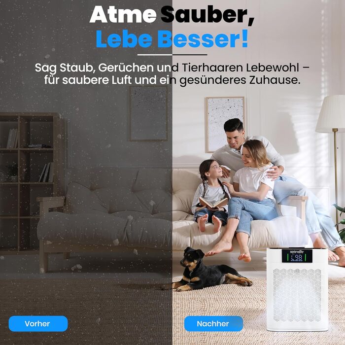 Повітряний фільтр SereneLife з HEPA-фільтром – керування через додаток, 20dB тихий, для приміщень до 100м², проти диму, пилу, запахів та шерсті тварин, білий