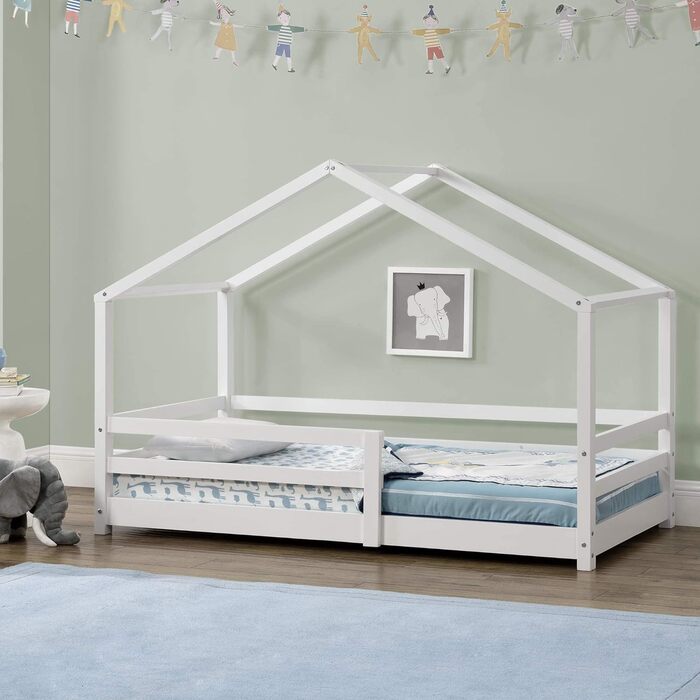 Дитяче ліжко Ліжко Kntten House Ліжко з цоколем 90 x 200 см Дерев'яне ліжко для дітей із захистом від падіння з сосни, каркас ліжка з рейками (Білий, 70x140 см)