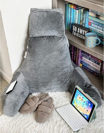 Storrejoy Велике подушко-крісло для читання - спинка для сидіння в ліжку з підлокітниками, знімною подушкою для голови, з піною з пам'яті, тримачем для книги/планшета, кишенями для зберігання та отвором для ручки (Антрацит) Темно-сірий