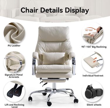 Офісний крісло EMIAH з підставкою для ніг, комфортний крісло для роботи з підлокітниками, ергономічний крісло для начальника з PU шкіри та роликами, ігровий комп'ютерний стілець з потовщеним сидінням, без функції масажу (Бежевий)