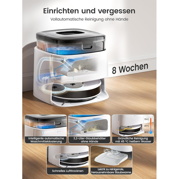 Робот-пилосос LEFANT M3 Gen2 з функцією миття, 12000Pa, автоматичне очищення, LiDAR, розпізнавання килима, керування через додаток Freemove 3.0 та голосове керування, 8 тижнів бездротової роботи